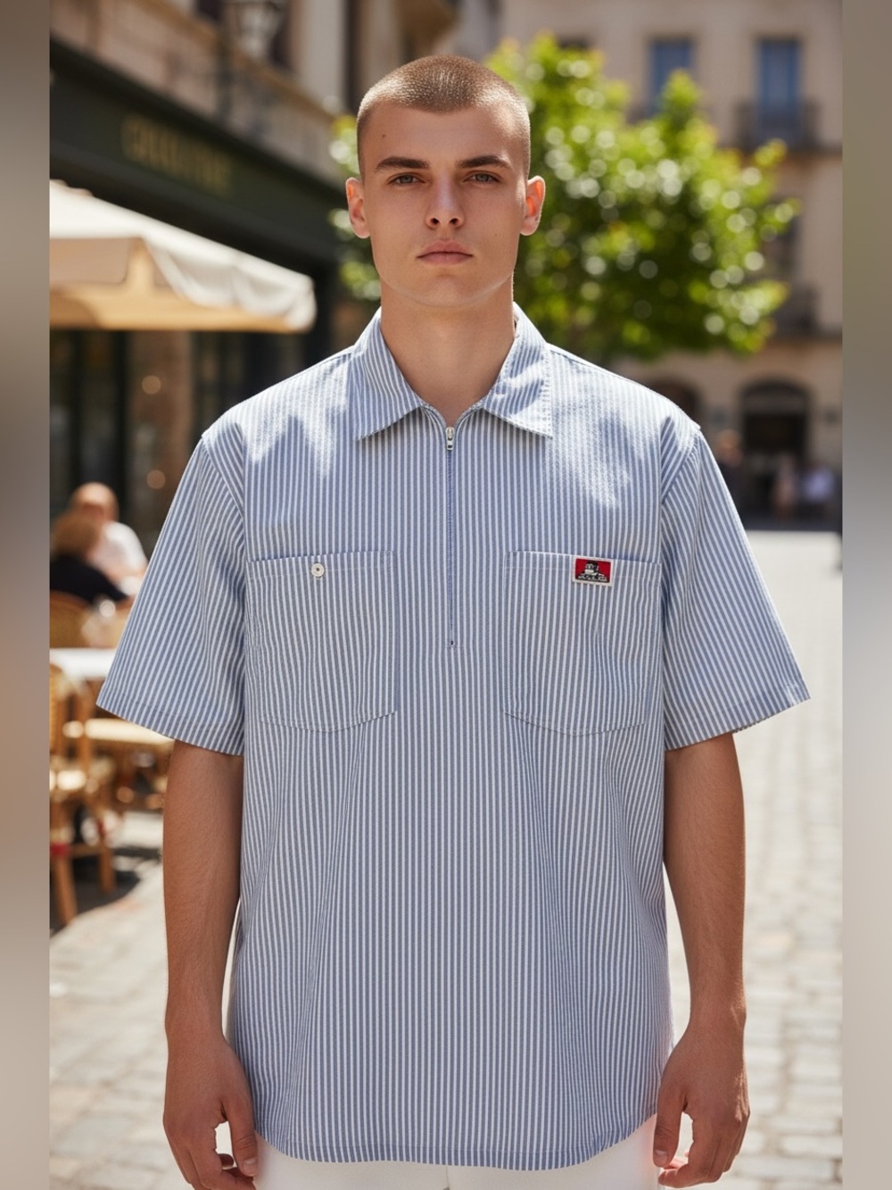 Ben Davis shirt, size M, blue stripe, quarter zip, boxy oversized fit, 1990’s